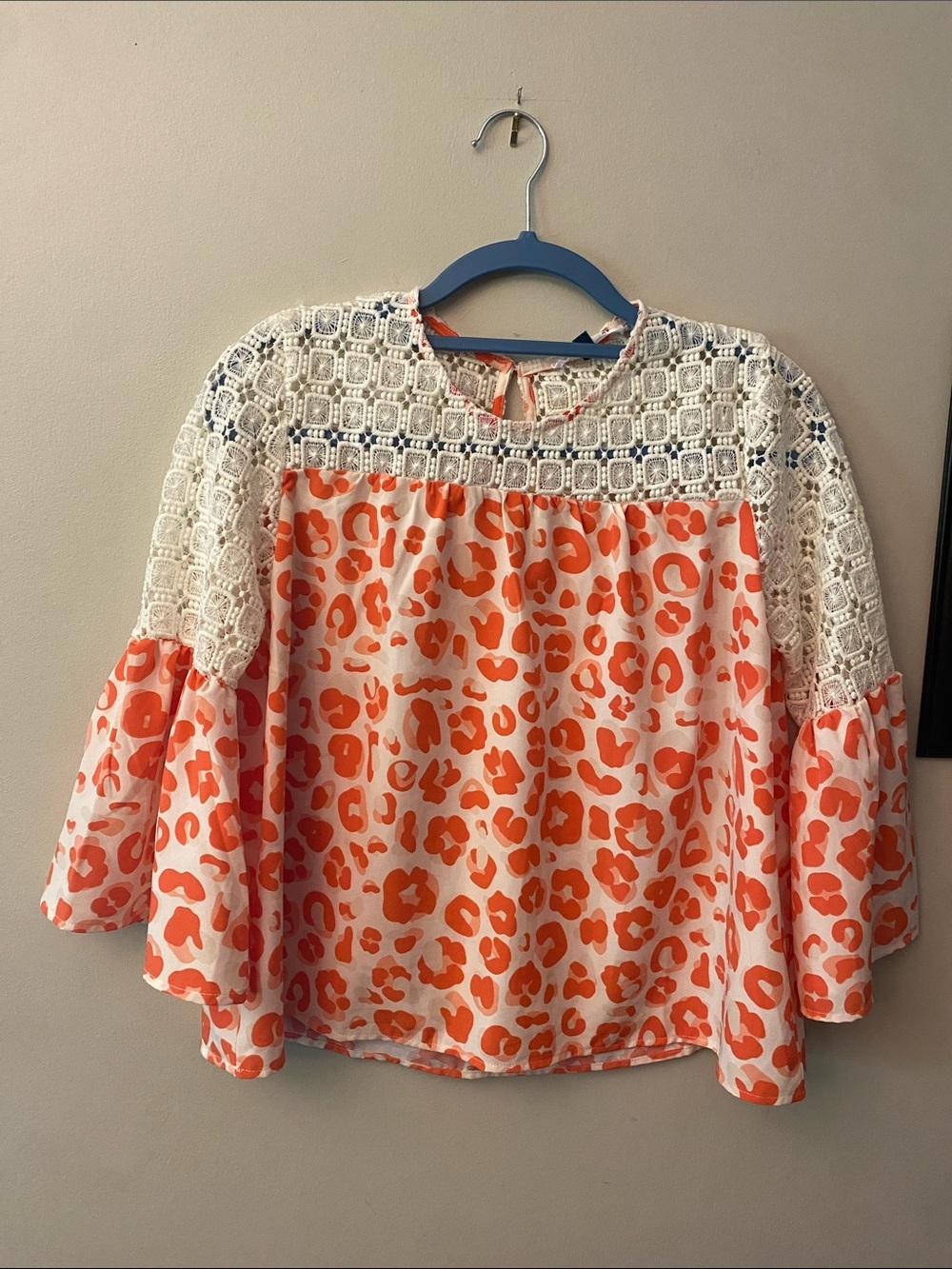 Michelle McDowell Orange Leopard Print Crochet Yoke Blouse